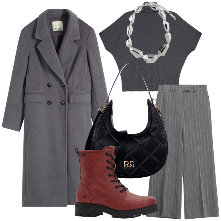 Outfit donna - Il ritorno del grigio. Stile Minimal per Ufficio. Abbinamento con stivaletti, cappotti, borse a tracolla, maglieria, pantaloni a palazzo, ciondoli.