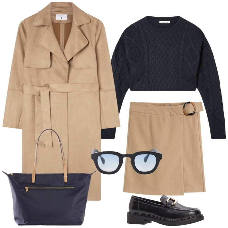Outfit donna - Università. Stile Preppy per Scuola/Università. Abbinamento con mocassini, shopping bag, gonne, trench, maglieria, occhiali da sole.