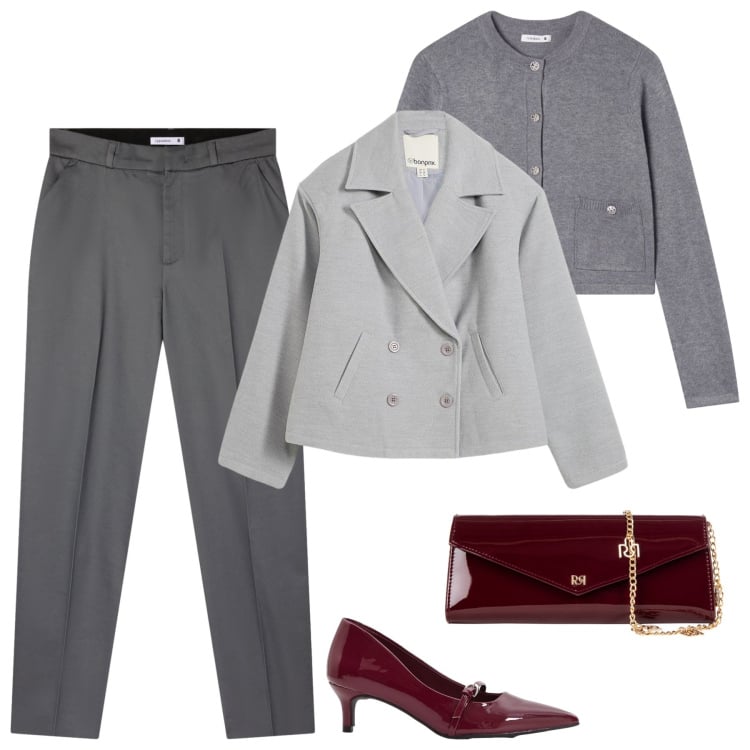 Outfit donna - Il ritorno del grigio. Stile Minimal per Ufficio. Abbinamento con décolleté, caban, cardigans, pantaloni chino, pochette.