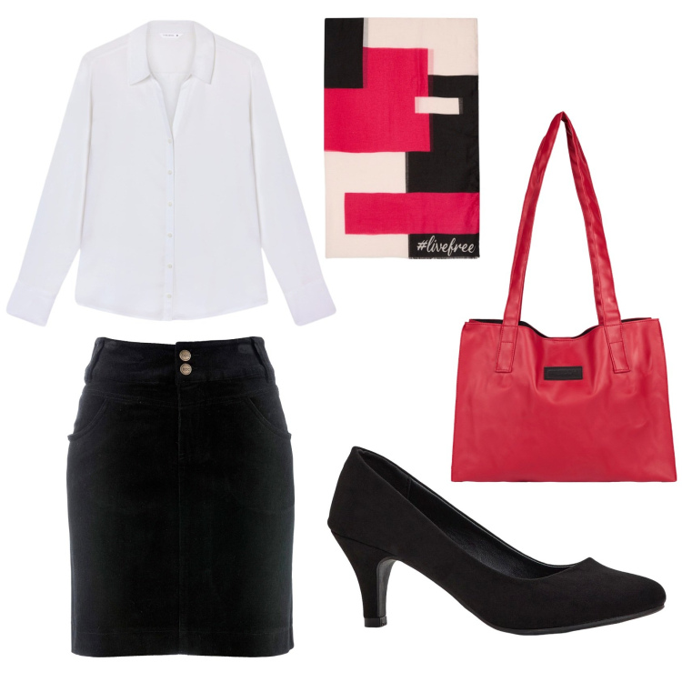 Outfit donna - Il lunedì in ufficio. Stile Casual chic per Ufficio. Abbinamento con gonne lunghe, décolleté, camicie, shopping bag, sciarpe.