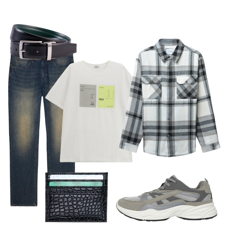 Outfit uomo - Total look #2252052. Stile Casual per Tutti i giorni. Abbinamento con jeans dritti, sneakers, cappotti, t-shirt, cinture, portafogli.
