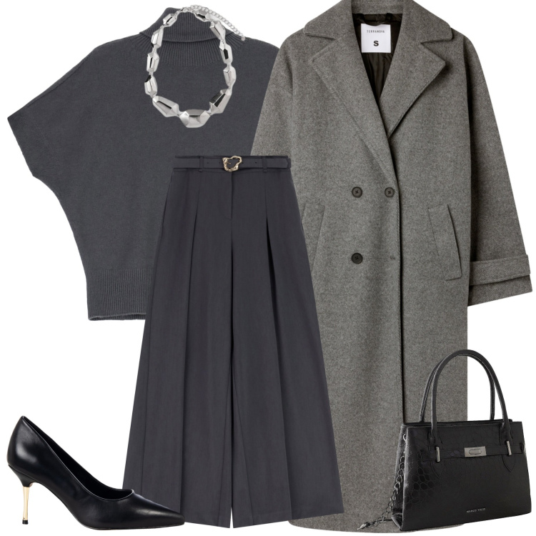 Outfit donna - Il ritorno del grigio. Stile Casual chic per Serata fuori. Abbinamento con borse a mano, cappotti, décolleté, maglieria, pantaloni, ciondoli.