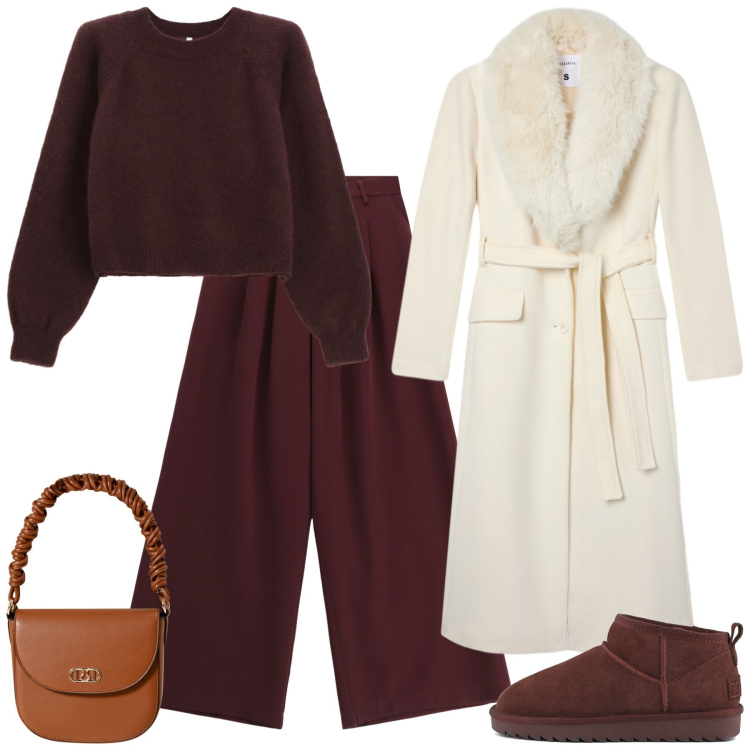 Outfit donna - Passeggiando in centro la domenica. Stile Casual chic per Tutti i giorni. Abbinamento con cappotti, borse a mano, pantaloni, maglieria, stivali.