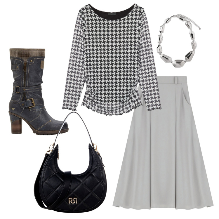 Outfit donna - Total look #2252056. Stile Casual chic per Ufficio. Abbinamento con stivali, borse a tracolla, gonne lunghe, bluse, ciondoli.