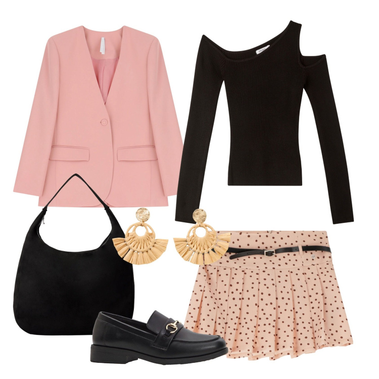 Outfit donna - Total look #2252057. Stile Casual chic per Ufficio. Abbinamento con orecchini, mocassini, borse a mano, maglieria, minigonne, blazer.