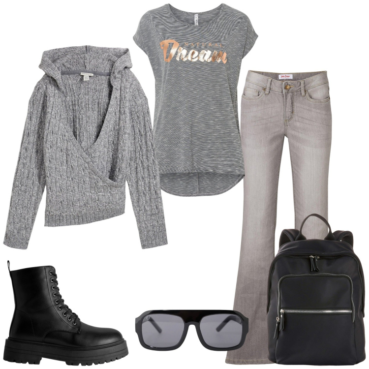 Outfit donna - Passeggiata in centro la domenica. Stile Sporty chic per Tutti i giorni. Abbinamento con zaini, maglieria, pullovers, jeans bootcut, anfibi, occhiali da sole.