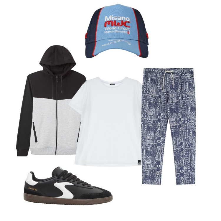 Outfit uomo - Total look #2252062. Stile Casual per Sport. Abbinamento con sneakers, cappelli, felpe sportive, t-shirt, pantaloni sportivi.