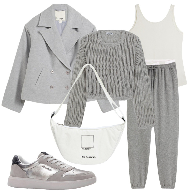 Outfit donna - Total grey. Stile Sporty chic per Tutti i giorni. Abbinamento con caban, sneakers, pantaloni, marsupi, maglieria, top.