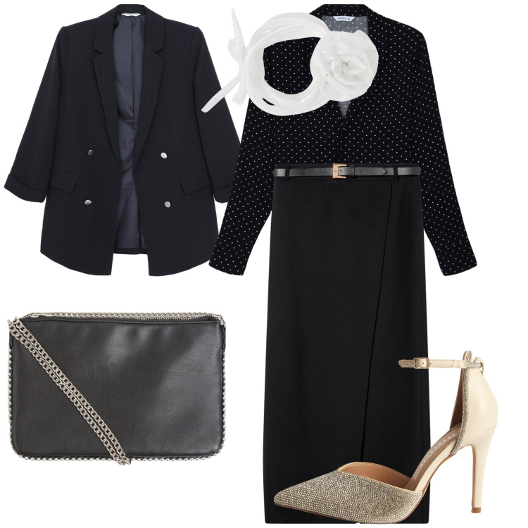 Outfit donna - Terranova ristorante. Stile Chic per Serata fuori. Abbinamento con camicie, collane, décolleté, gonne lunghe, borse a tracolla, blazer.