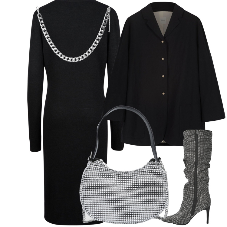 Outfit donna - Doppelganger e Terranova uscita chic. Stile Glamour per Serata fuori. Abbinamento con borse a spalla, stivali, collane, vestiti midi/longuette, blazer.