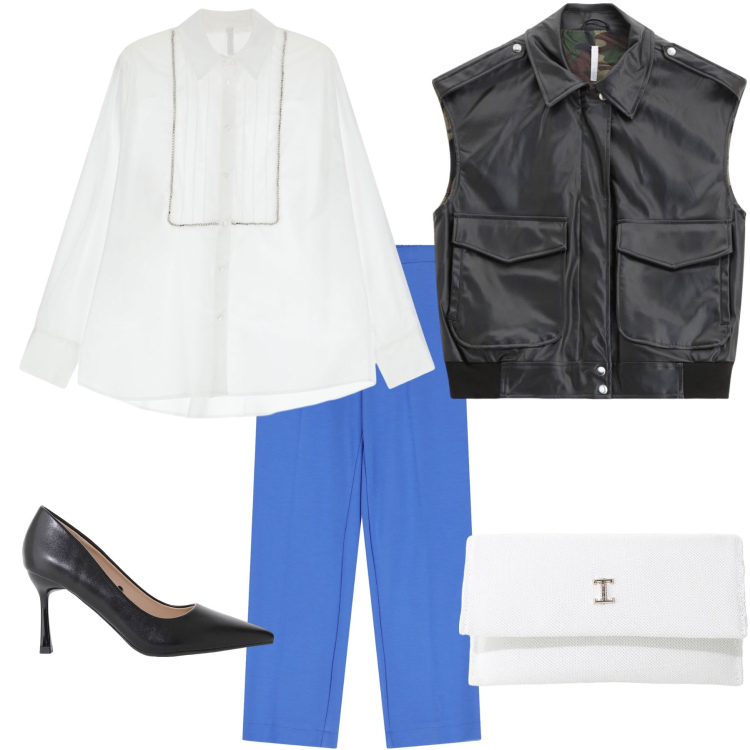Outfit donna - Bon ton con gilet rock Imperial look. Stile Trendy per Ufficio. Abbinamento con décolleté, borse a tracolla, gilet, pantaloni, camicie.