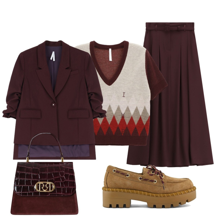 Outfit donna - Tailleur e mocassino pratico e femminile. Stile Minimal per Scuola/Università. Abbinamento con borse a mano, gonne lunghe, maglieria, blazer, mocassini.