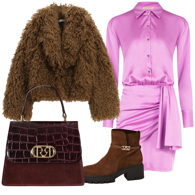 Outfit donna - In raso ciclamino per serata fuori. Stile Glamour per Serata fuori. Abbinamento con stivaletti, borse a mano, vestiti chemisier, blazer.