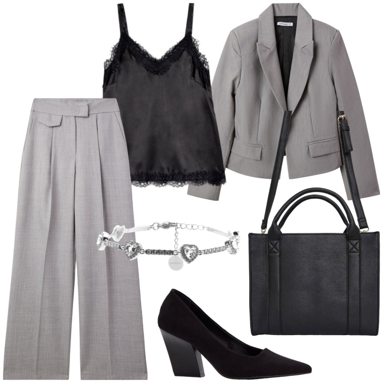 Outfit donna - Minimal da ufficio. Stile Minimal per Ufficio. Abbinamento con décolleté, borse tote, pantaloni, blazer, braccialetti, canottiere.