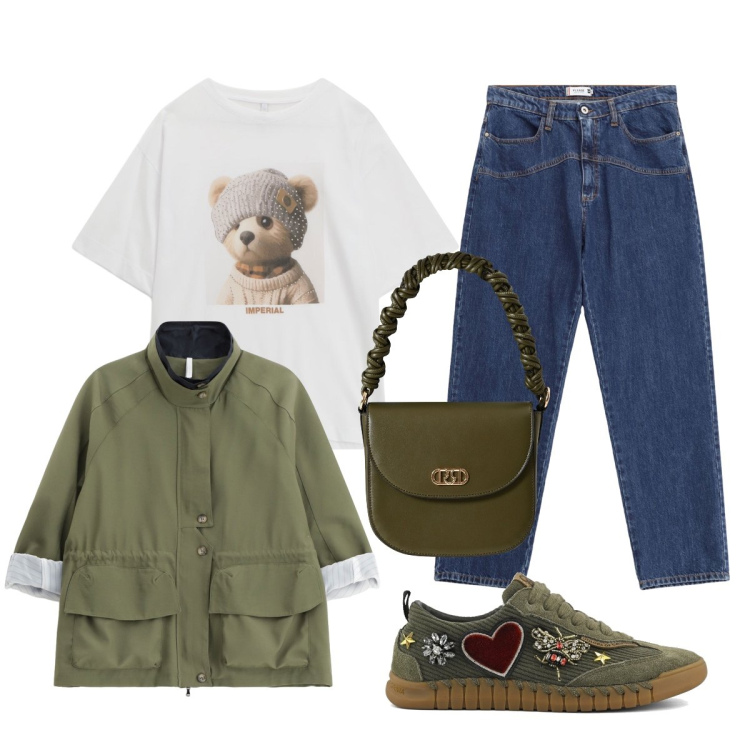 Outfit donna - Passeggiata rilassante in città. Stile Preppy per Tutti i giorni. Abbinamento con borse a mano, jeans, parka, t-shirt, sneakers.