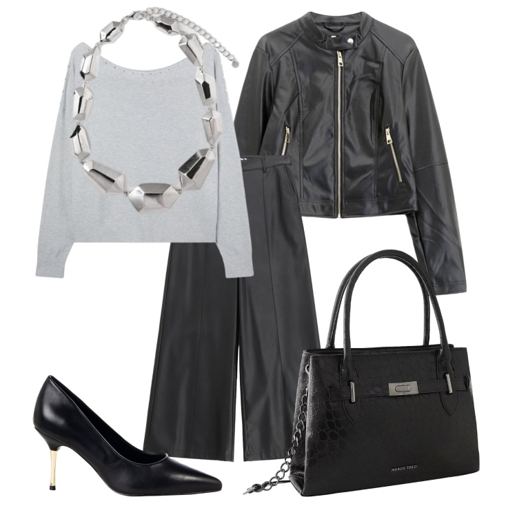 Outfit donna - Elegante in grigio. Stile Chic per Serata fuori. Abbinamento con borse a mano, maglieria, décolleté, pantaloni, giacche, ciondoli.