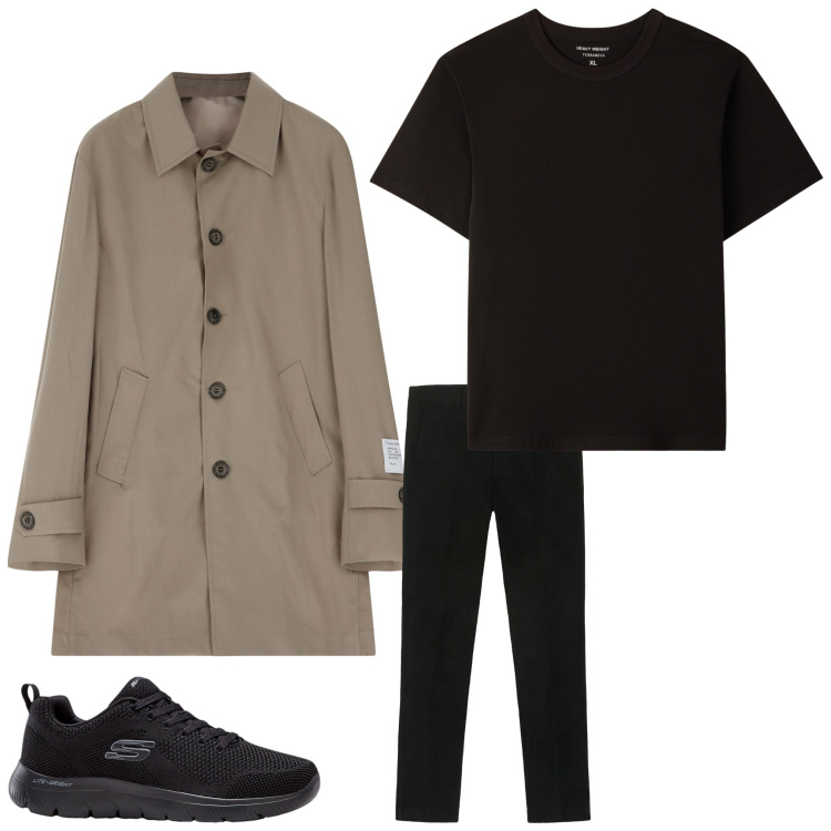 Outfit uomo - Trench casual. Stile Casual per Tutti i giorni. Abbinamento con sneakers, t-shirt, trench, pantaloni chino.