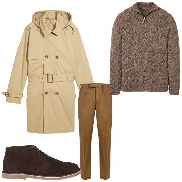 Outfit uomo - Fall. Stile Casual per Tutti i giorni. Abbinamento con maglieria, trench, pantaloni, stivali e stivaletti.