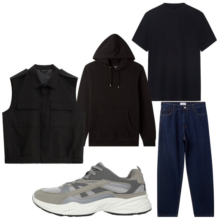 Outfit uomo - Black da viaggio. Stile Casual per Tutti i giorni. Abbinamento con jeans, sneakers, felpe con cappuccio, gilet, t-shirt.