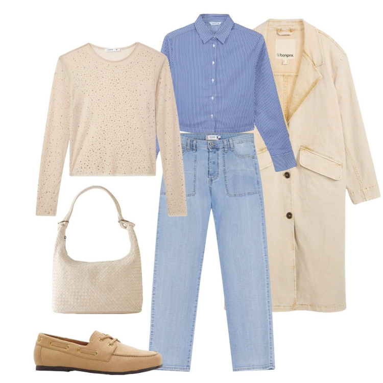 Outfit donna - Total look #2252090. Abbinamento con trench, shopping bag, mocassini, maglieria, camicie, jeans dritti.