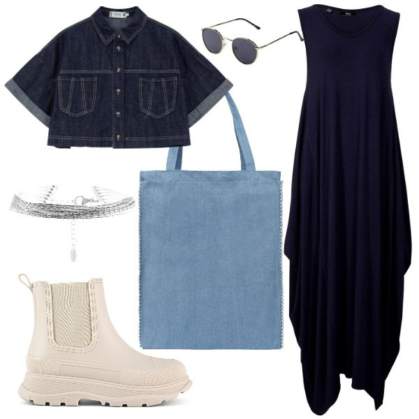 Outfit donna - momento blu. Stile Urban per Scuola/Università. Abbinamento con vestiti lunghi, occhiali da sole, borse tote, blazer, braccialetti, stivali.