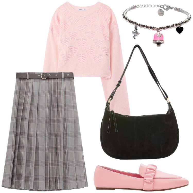 Outfit donna - Gonna e mocassini. Stile Preppy per Tutti i giorni. Abbinamento con mocassini, borse a mano, maglieria, gonne, braccialetti.