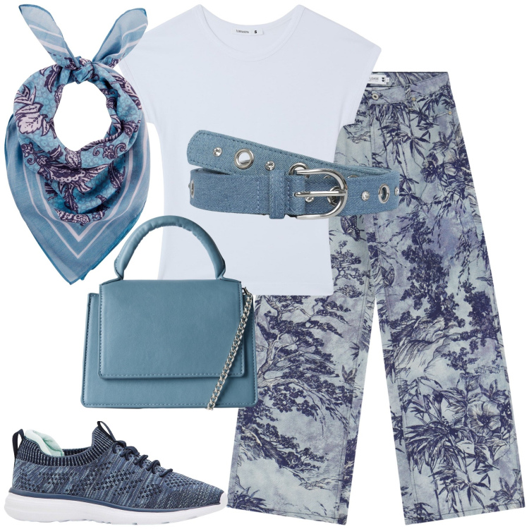 Outfit donna - Total look #2252106. Stile Casual per Tutti i giorni. Abbinamento con sneakers, foulard, cinture, t-shirt, borse a tracolla, pantaloni.