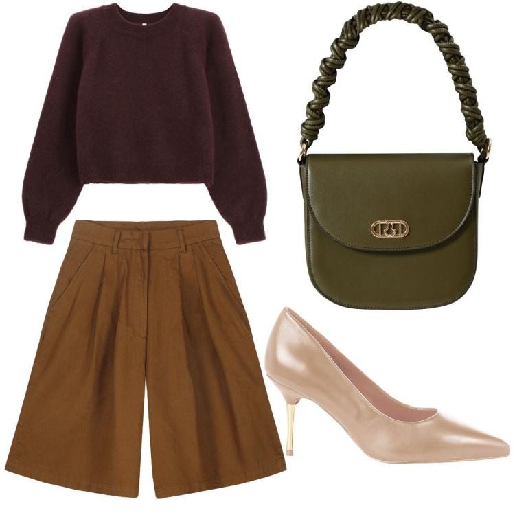Outfit donna - Note di sutunno. Stile Basic per Tutti i giorni. Abbinamento con décolleté, borse a mano, maglieria, bermuda.