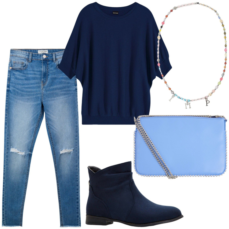 Outfit donna - Total look #2252110. Stile Casual per Tutti i giorni. Abbinamento con maglieria, stivaletti, jeans strappati, borse a tracolla, collane.
