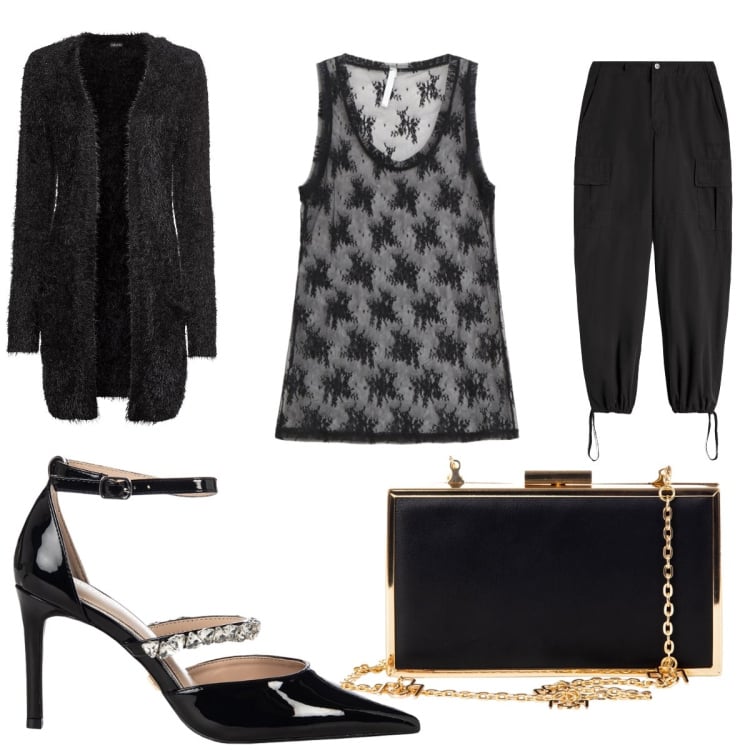 Outfit donna - Grigio e nero. Stile Casual chic per Ufficio. Abbinamento con cardigans, pochette, décolleté, canottiere, pantaloni cargo.