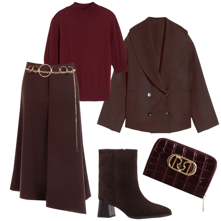 Outfit donna - Passeggiata relax con stile. Stile Trendy per Tutti i giorni. Abbinamento con maglieria, stivaletti, caban, cinture, gonne longuette, portafogli.