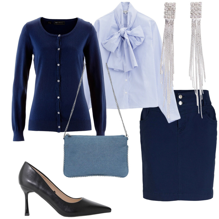 Outfit donna - Total look #2252115. Stile Glamour per Ufficio. Abbinamento con cardigans, orecchini, minigonne, borse a tracolla, camicie, décolleté.