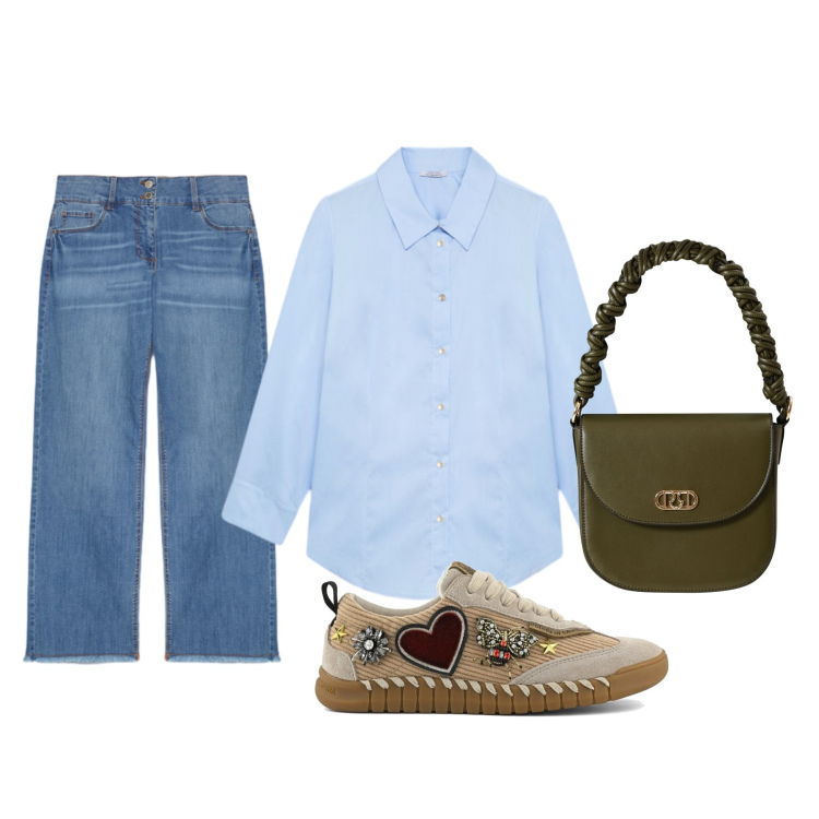 Outfit donna - Domenica in centro. Stile Casual per Tutti i giorni. Abbinamento con borse a mano, camicie, sneakers, jeans.