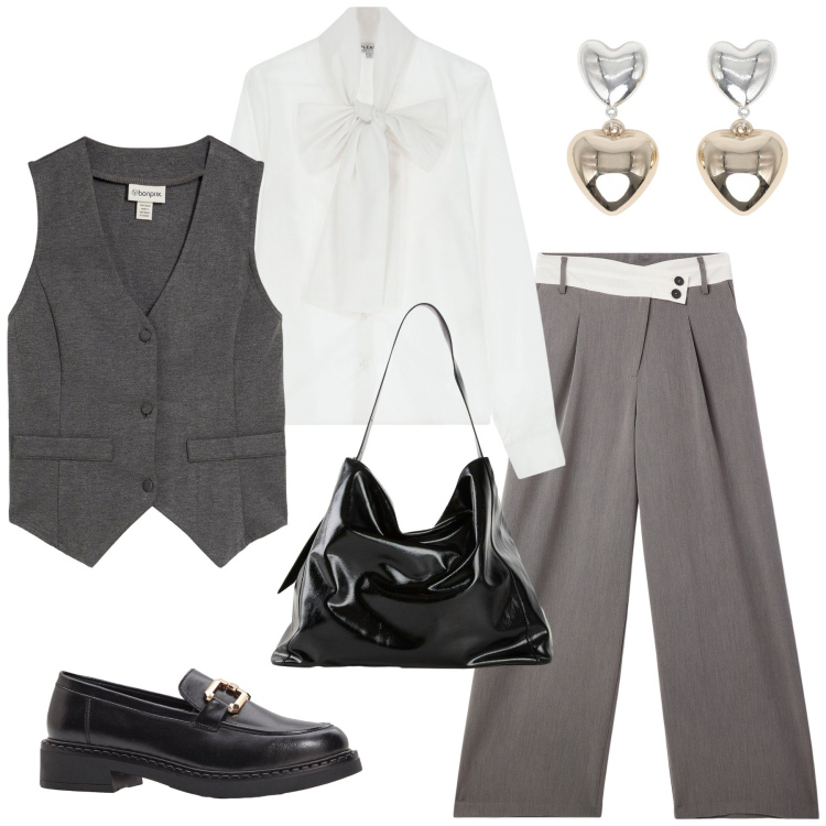 Outfit donna - Il ritorno del grigio. Stile Glamour per Ufficio. Abbinamento con mocassini, shopping bag, gilet, pantaloni, orecchini, camicie.