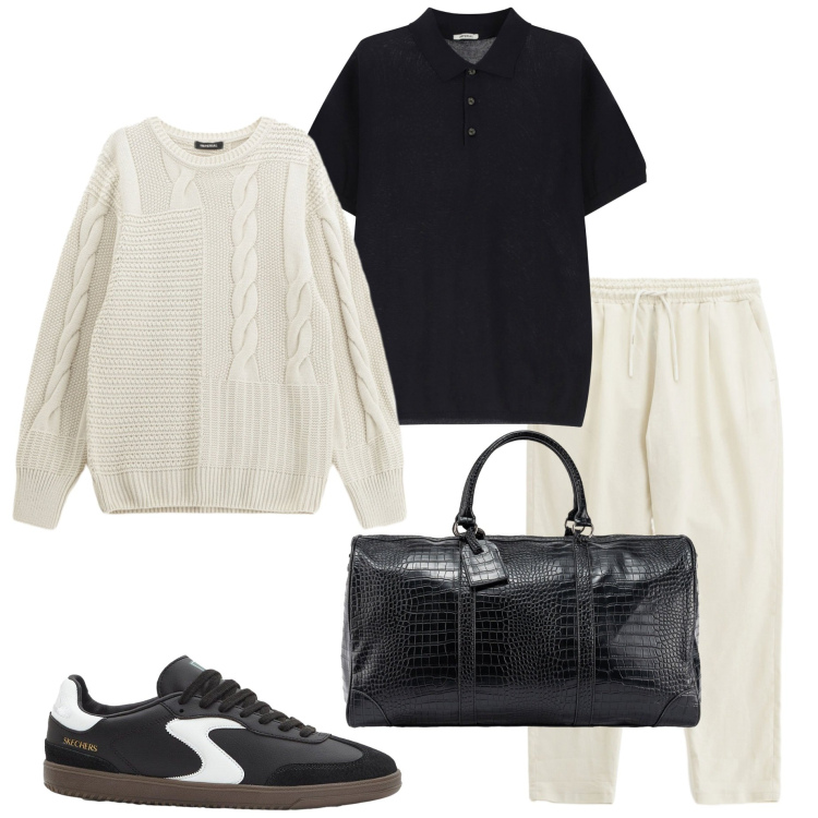 Outfit uomo - Atheluisure da viaggio. Stile Urban per Tutti i giorni. Abbinamento con sneakers, pantaloni sportivi, polo, maglieria, borse sportive.