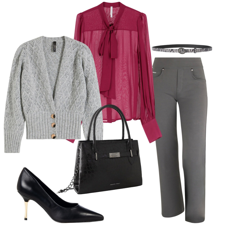 Outfit donna - Il ritorno del grigio. Stile Minimal per Ufficio. Abbinamento con cardigans, borse a mano, cinture, décolleté, camicie, pantaloni.