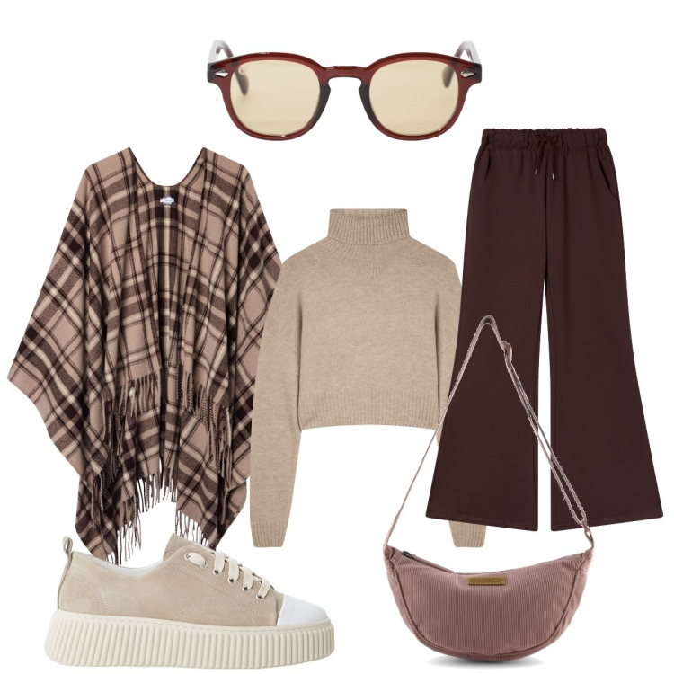 Outfit donna - Tra le bancarelle della domenica. Stile Casual chic per Tutti i giorni. Abbinamento con pantaloni, cappotti, maglieria, sneakers, occhiali da sole, borse a tracolla.