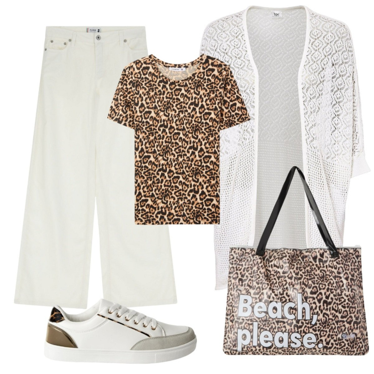Outfit donna - Comoda in centro. Stile Casual per Tutti i giorni. Abbinamento con cardigans, sneakers, t-shirt, borse tote, pantaloni a palazzo.