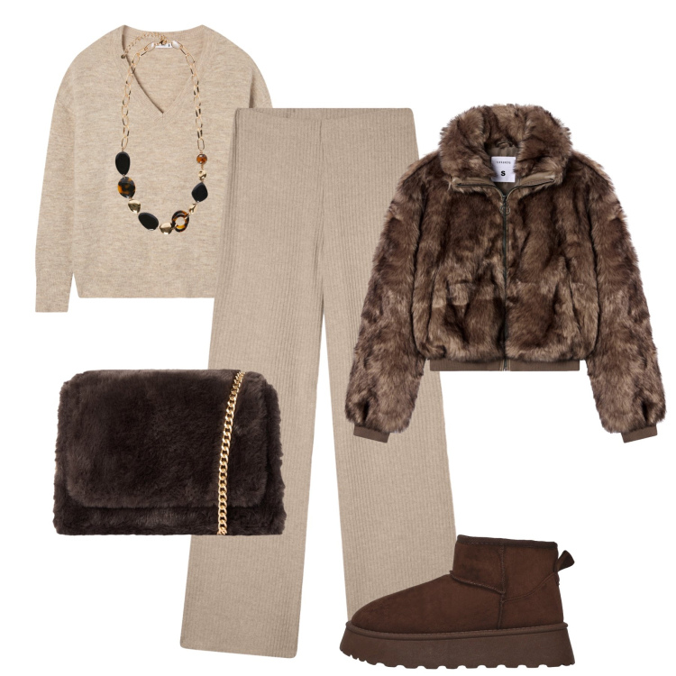Outfit donna - Passeggiata rilassata. Stile Urban per Tutti i giorni. Abbinamento con maglieria, pantaloni, stivaletti, borse a tracolla, ecopellicce, collane.