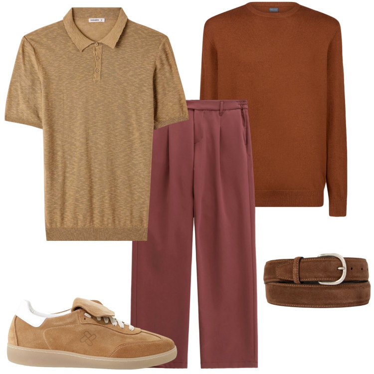 Outfit uomo - Tonalità ruggine. Stile Casual per Serata speciale. Abbinamento con polo, sneakers, pantaloni, maglieria, cinture.