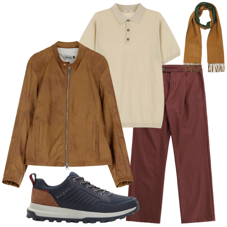 Outfit uomo - Tonalità ruggine. Stile Urban per Tutti i giorni. Abbinamento con sneakers, polo, pantaloni, giacche, sciarpe.