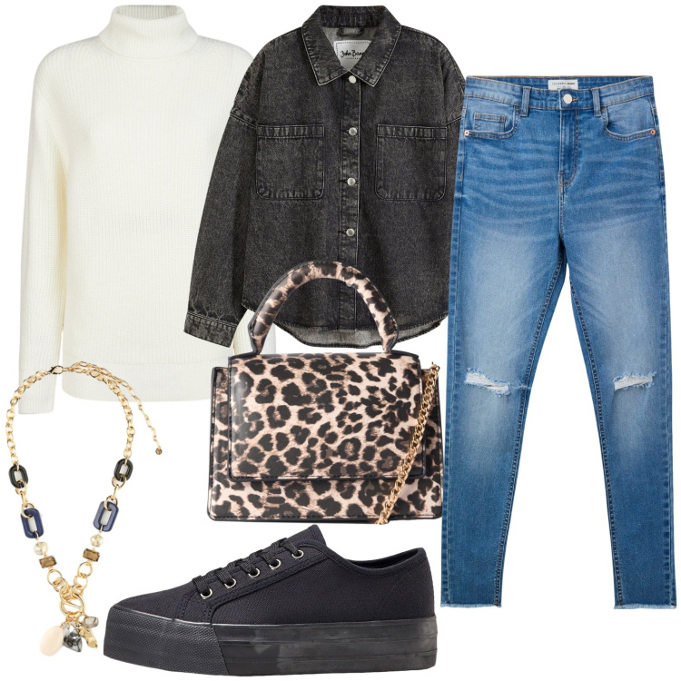 Outfit donna - Total look #2252134. Stile Casual Abbinamento con cappotti, sneakers, jeans strappati, borse a tracolla, collane, maglieria.