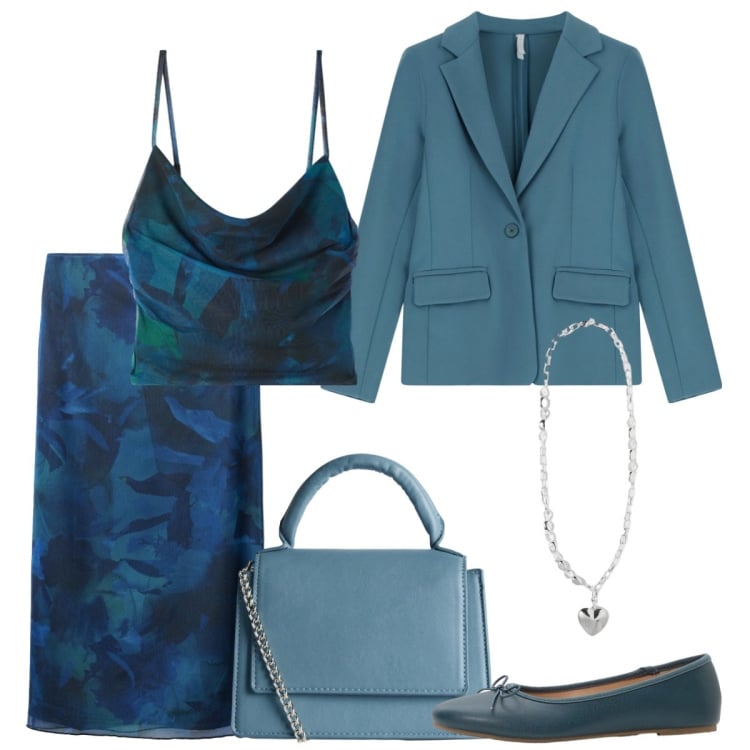 Outfit donna - Toni del blu. Stile Basic per Serata fuori. Abbinamento con ballerine, borse a tracolla, canottiere, gonne lunghe, blazer, collane.