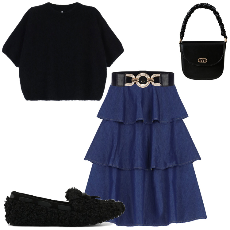 Outfit donna - Gonna e mocassini. Stile Casual chic per Serata fuori. Abbinamento con cinture, borse a mano, gonne lunghe, maglieria, mocassini.