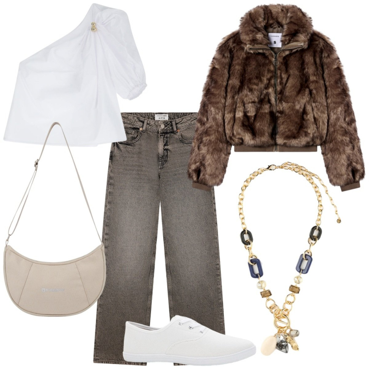 Outfit donna - Passeggiata al centro. Stile Sporty chic per Tutti i giorni. Abbinamento con sneakers, ecopellicce, jeans, bluse, borse a spalla, collane.