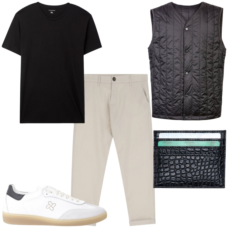 Outfit uomo - Total look #2252138. Stile Casual per Tutti i giorni. Abbinamento con t-shirt, pantaloni chino, sneakers, piumini, portafogli.