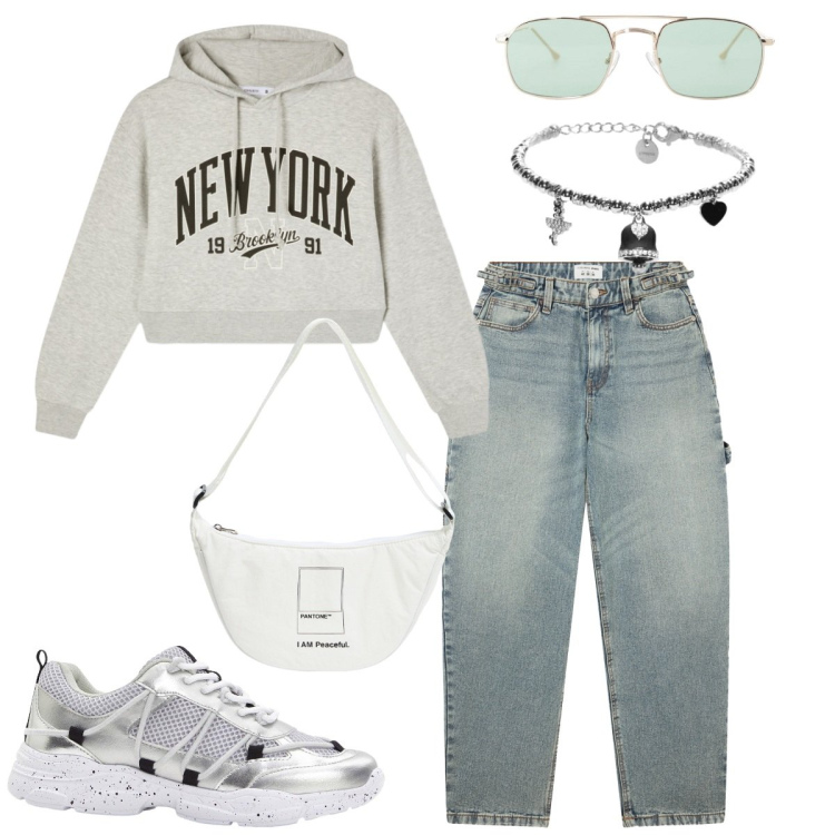 Outfit donna - Tono del grigio. Stile Sporty chic per Tutti i giorni. Abbinamento con sneakers, marsupi, felpe con cappuccio, jeans, occhiali da sole, braccialetti.
