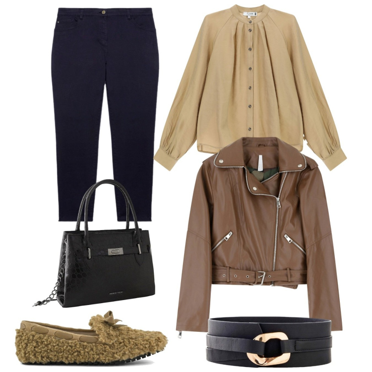 Outfit donna - La domenica. Stile Casual chic per Tutti i giorni. Abbinamento con cinture, borse a mano, camicie, giacche, pantaloni skinny, mocassini.