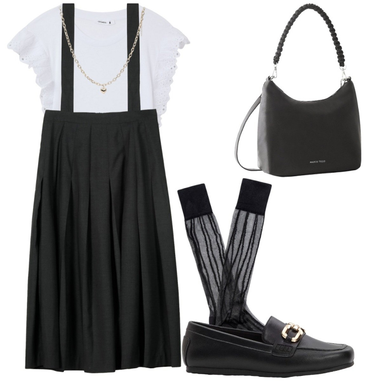 Outfit donna - Mocassino alla moda. Stile Chic per Tutti i giorni. Abbinamento con mocassini, borse a mano, t-shirt, collane, gonne lunghe, calzini.