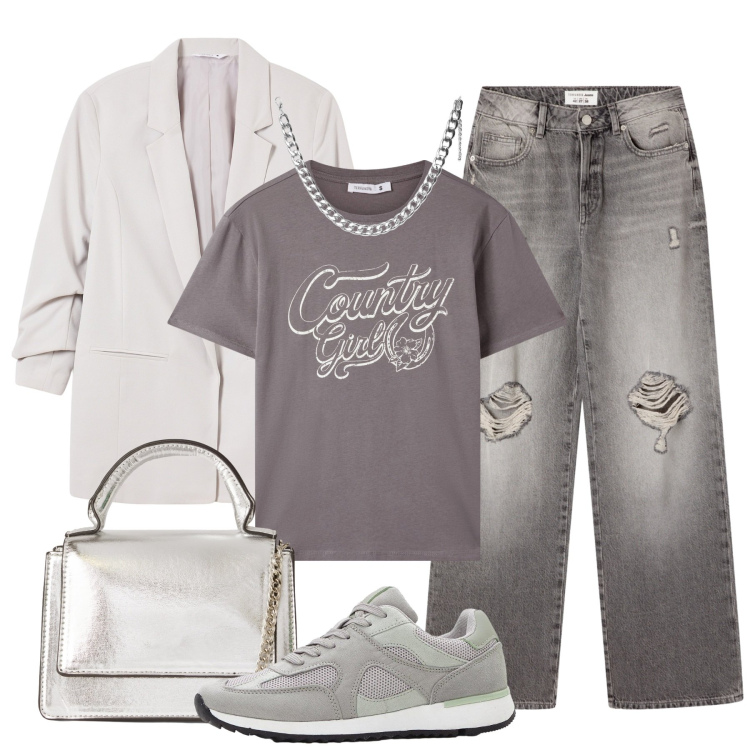 Outfit donna - Sfumature di grigio. Stile Casual chic per Tutti i giorni. Abbinamento con sneakers, t-shirt, blazer, borse a tracolla, jeans strappati, collane.